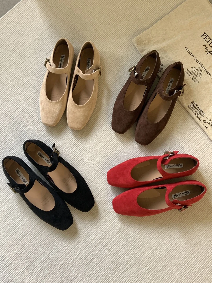 H 381-381 法式复古气质一字带玛丽珍鞋女2024春秋平底绒面单鞋