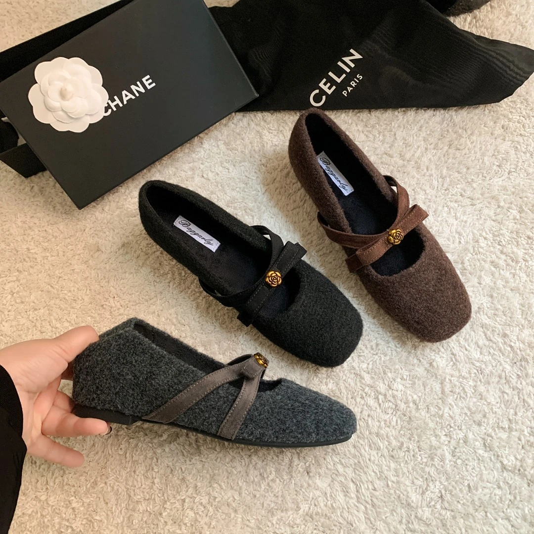 鞋子冬季加绒增高晚晚鞋蝴蝶结山茶花玛丽珍女鞋韩版厚底呢子单鞋