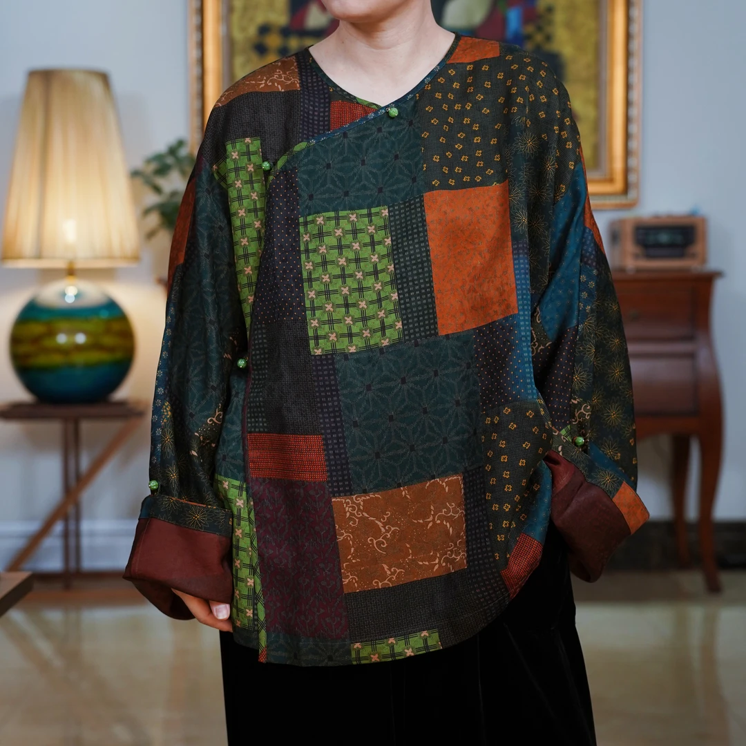 『长卿』复古中式风桑蚕丝拼色斜襟时尚百搭上衣-P5K6489