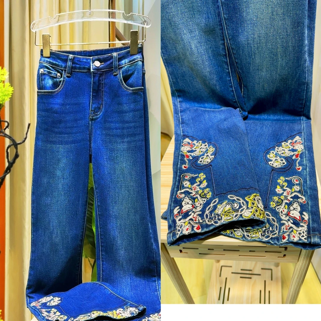 【如意牛仔】新中式国风复古刺绣高端高腰显瘦微喇宽松牛仔裤