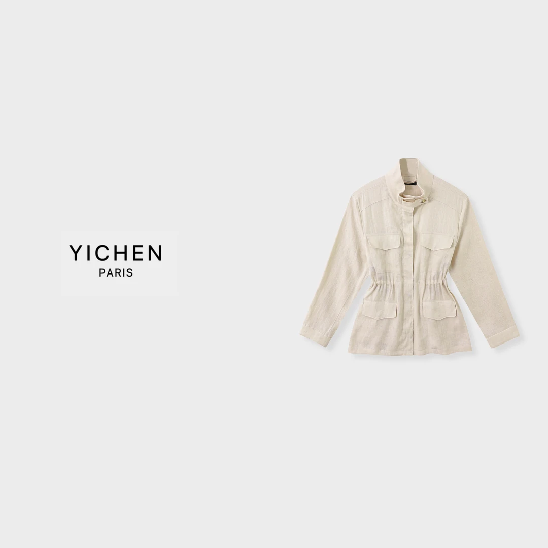 YC 原色亚麻四口袋立领收腰中长款外套-1788