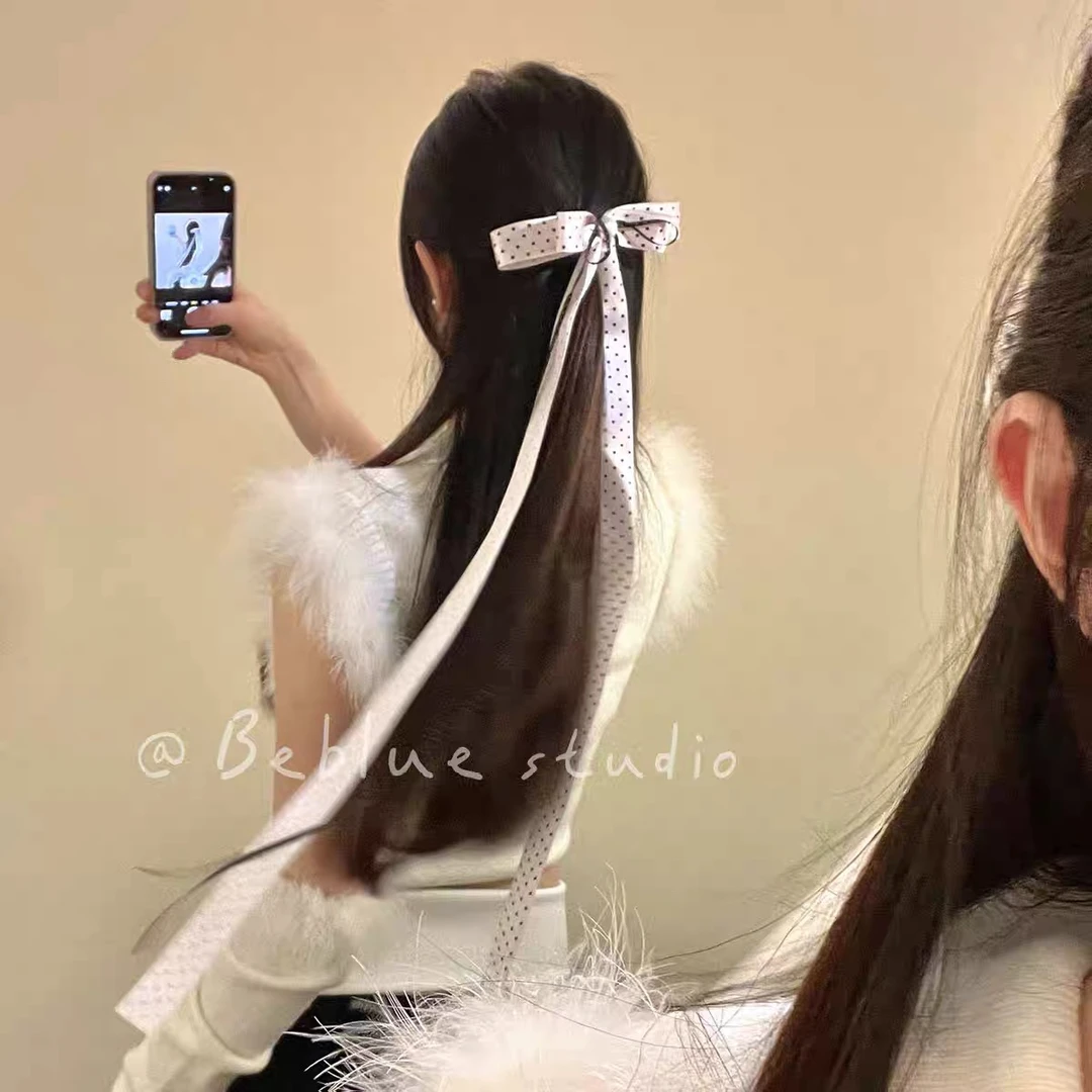 甜美波点蝴蝶结飘带发夹女秋冬氛围感头饰发饰