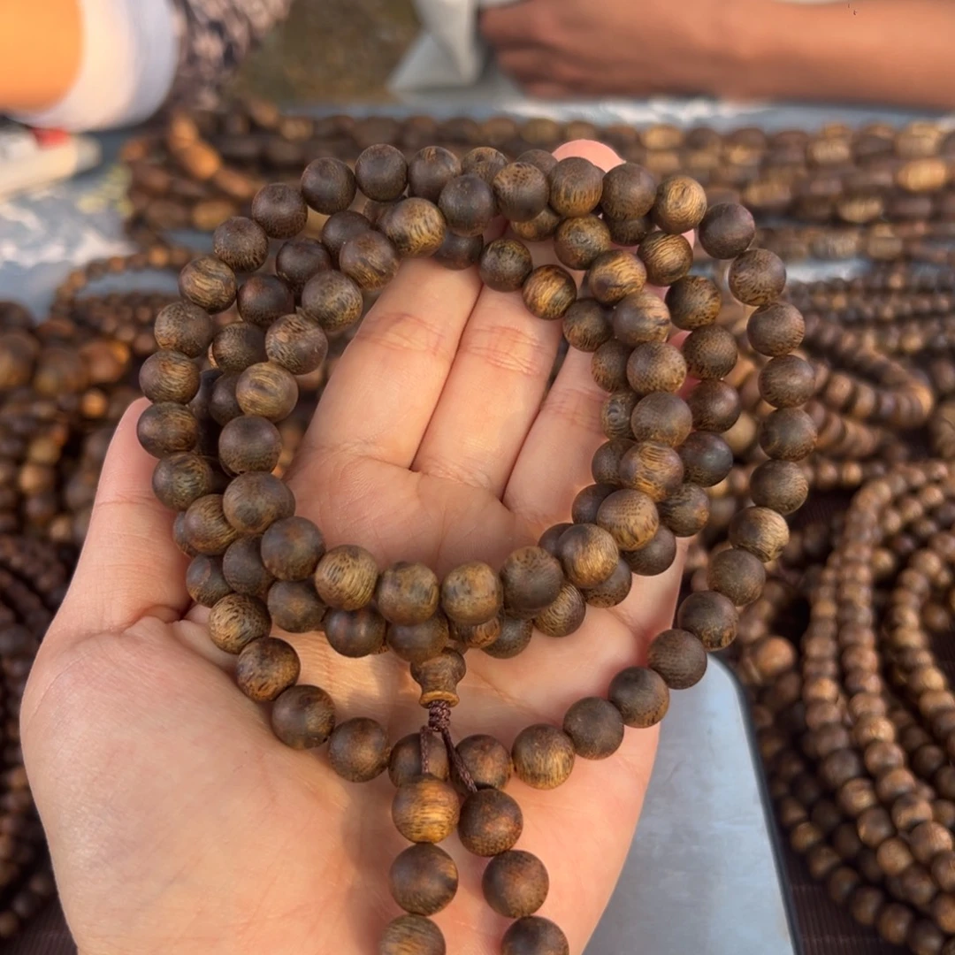 带***哥手串沉香卡9规格圆珠多圈 45克 沉水浮金沙叶