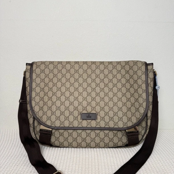 95新 GUCCI/古驰 5092/时尚棕老花大号双扣邮差包