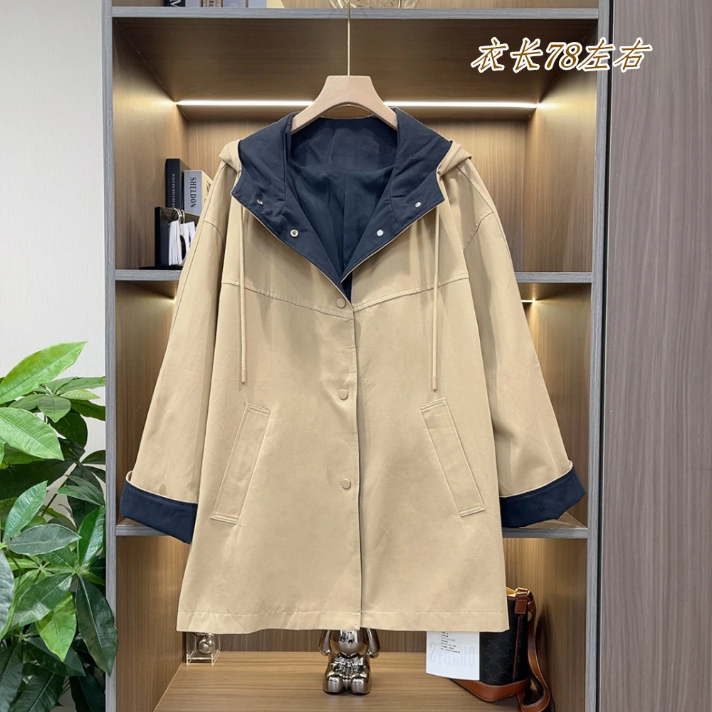 高品质简约大气拼色显瘦连帽风衣外套