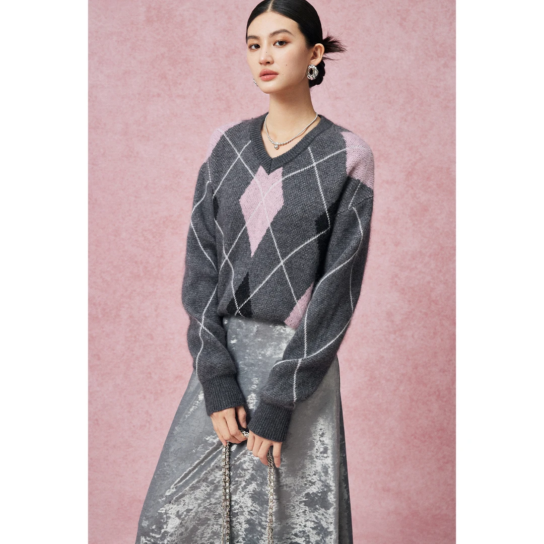 【达人专属】MandyZhang菱格撞色针织衫女冬毛衣MMS0628