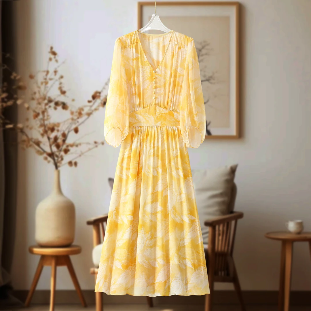“浅黄羽毛”重磅单层6A真丝V领100%桑蚕丝优雅气质女士连衣裙C368
