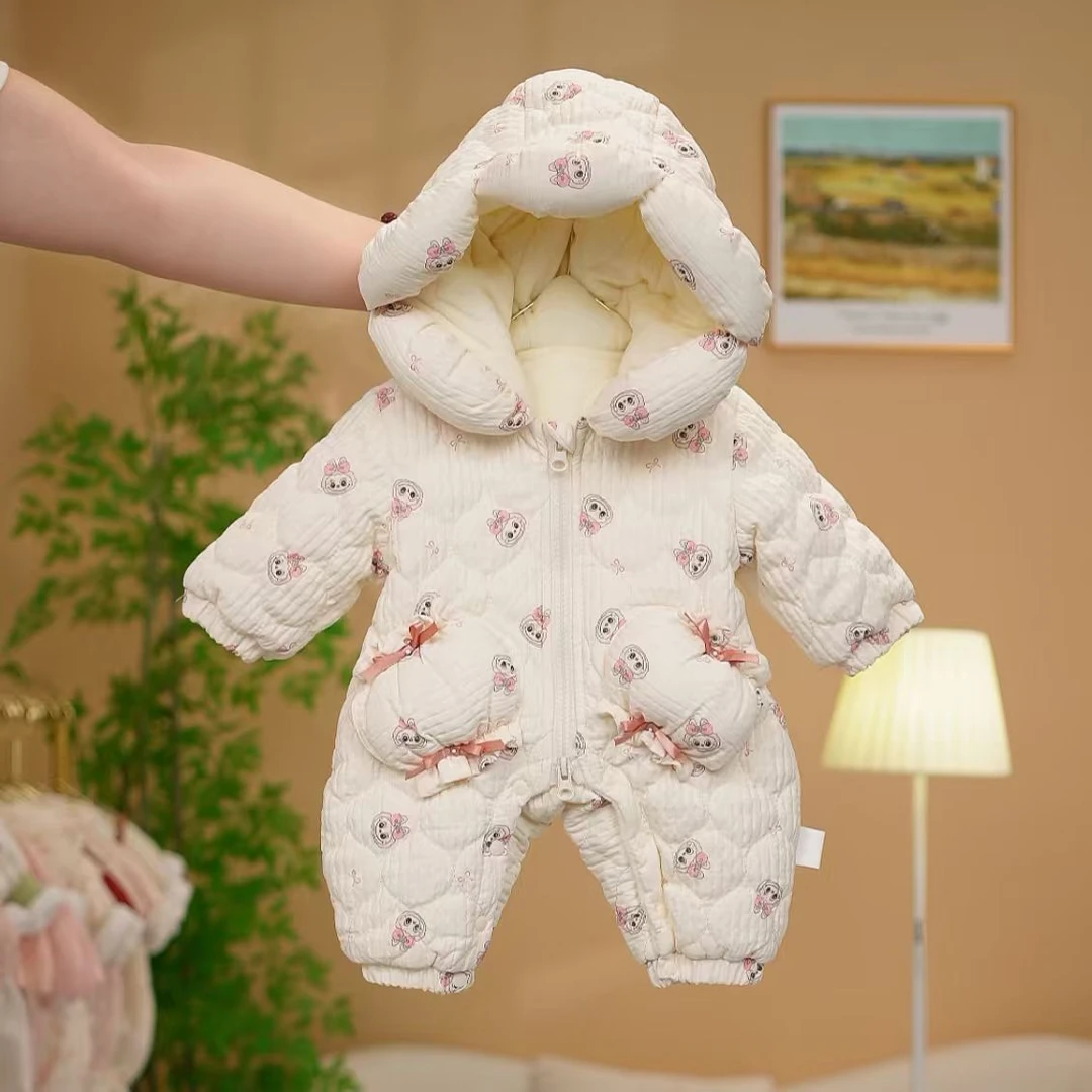 婴幼儿衣服冬装甜美可爱新生女宝宝加绒加厚连体衣满月保暖外出服