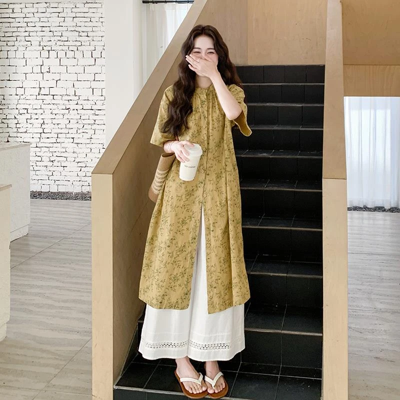 复古新中式碎花衬衫连衣裙套装女2025夏季新款慵懒风阔腿裤两件套