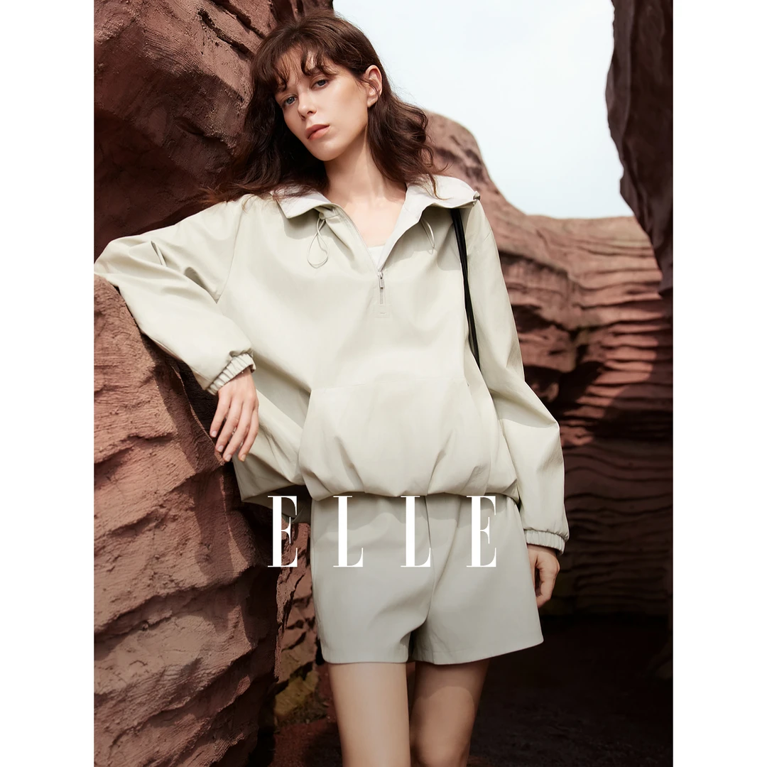 ELLE高智格雷工装连帽风衣短裤两件套女2025秋季卫衣套装EA52446