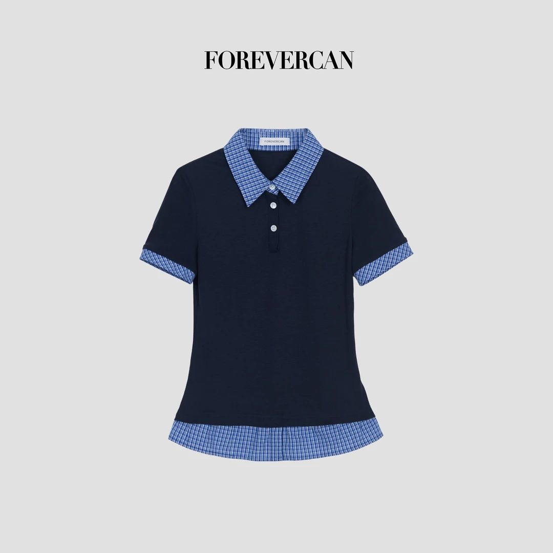 FOREVERCAN“南洋旧梦”复古学院风格纹拼接polo短袖衬衫 ST23556