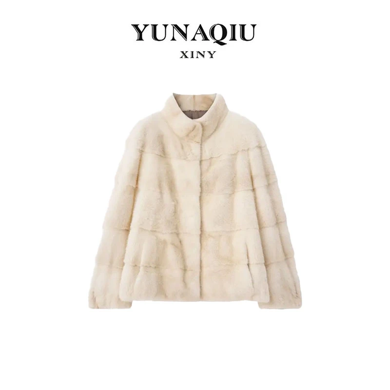 丹麦奶杏色立领小香风芬兰貂绒冬季高级设计师短款长袖外套D577