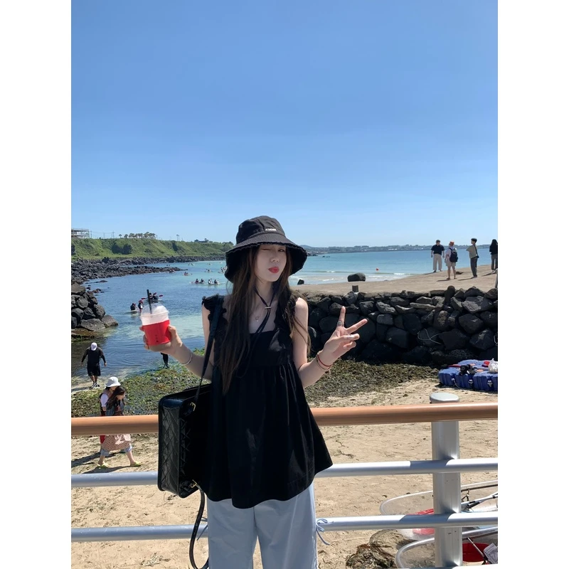 小君君布兰妮 比弗利少女 法式甜妹木耳边娃娃小衫A字短款上衣