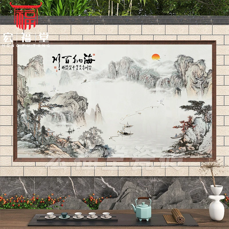 户外山水画瓷砖影壁墙中式庭院风景照壁别墅大门迎门墙岩板迎客松