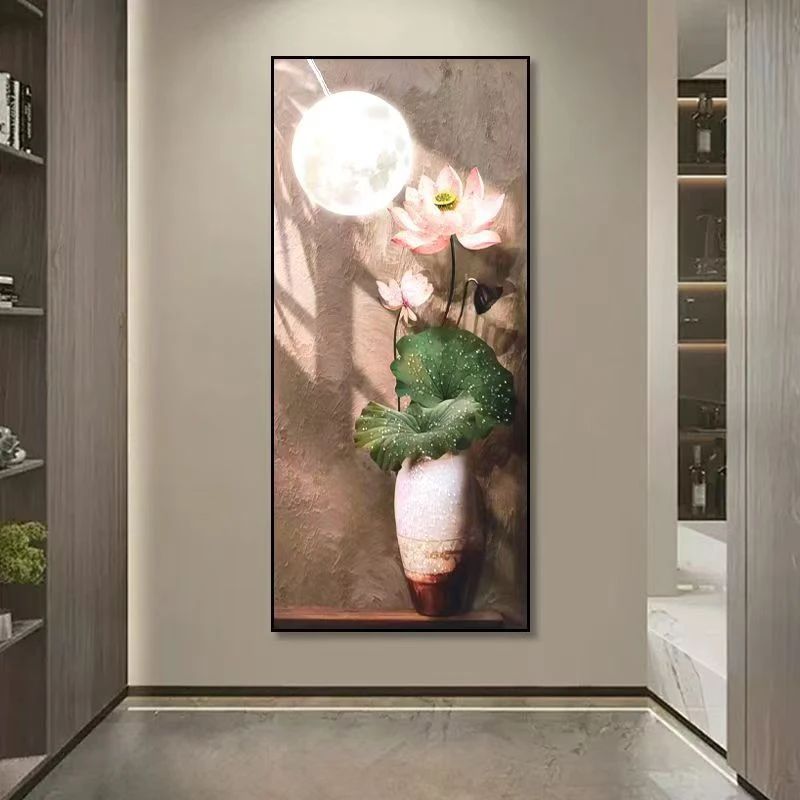 843现代晶瓷镶钻装饰画玄关卧室客厅沙发背景墙挂画荷花80160