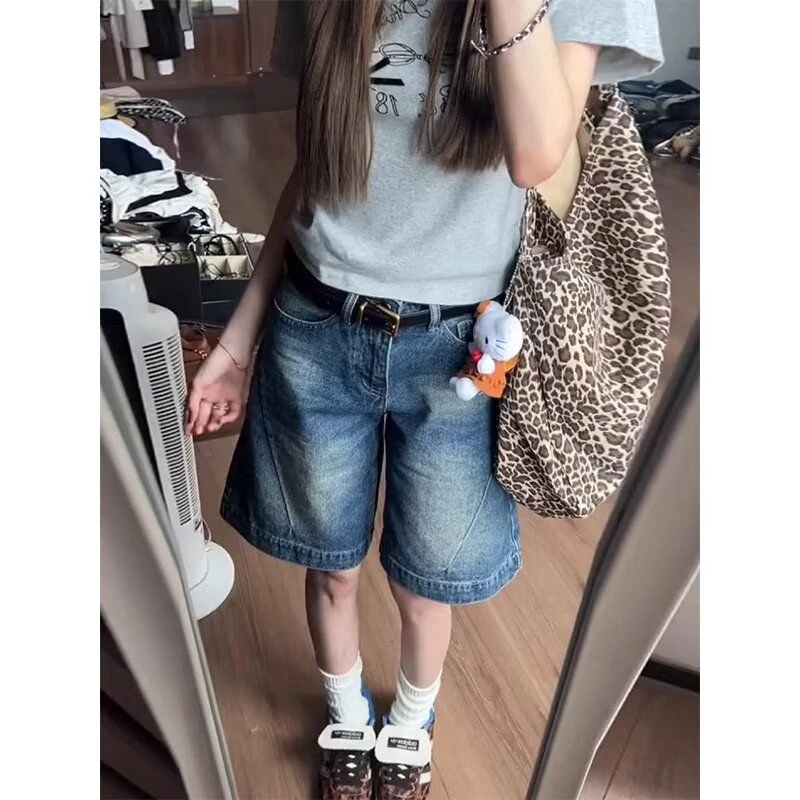 美式复古牛仔短裤女2025夏季新款中裤高腰显瘦宽松显瘦百搭五分裤