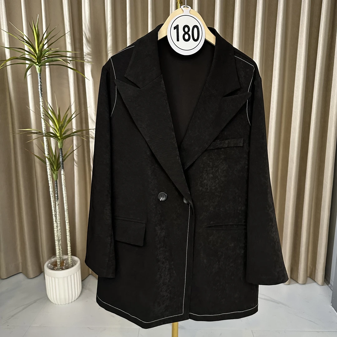 【180】镂空轻职风双排扣长袖平驳领西装设计师气质春季黑色