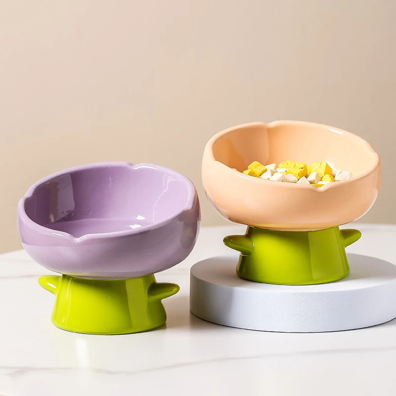 郁金香创意猫碗陶瓷猫食盆猫咪碗高脚斜口保护颈椎大容量小狗狗碗
