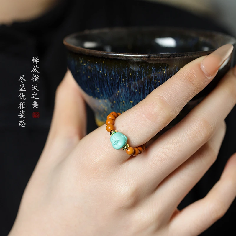 【岚木集】原创设计小清新橄榄核圆珠戒指搭配笑佛弹力指环