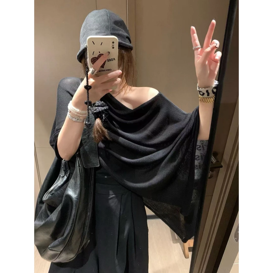 SP 天丝斗篷披肩女夏季新款斜肩不规则氛围感一字肩上衣