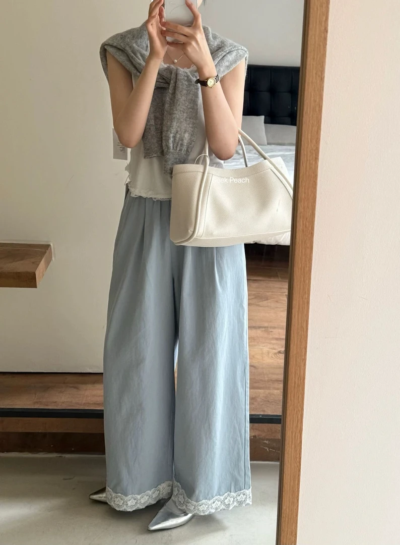 韩系高级感钩花花边裤2025春夏新款高腰显瘦拼色显瘦直筒阔腿长裤