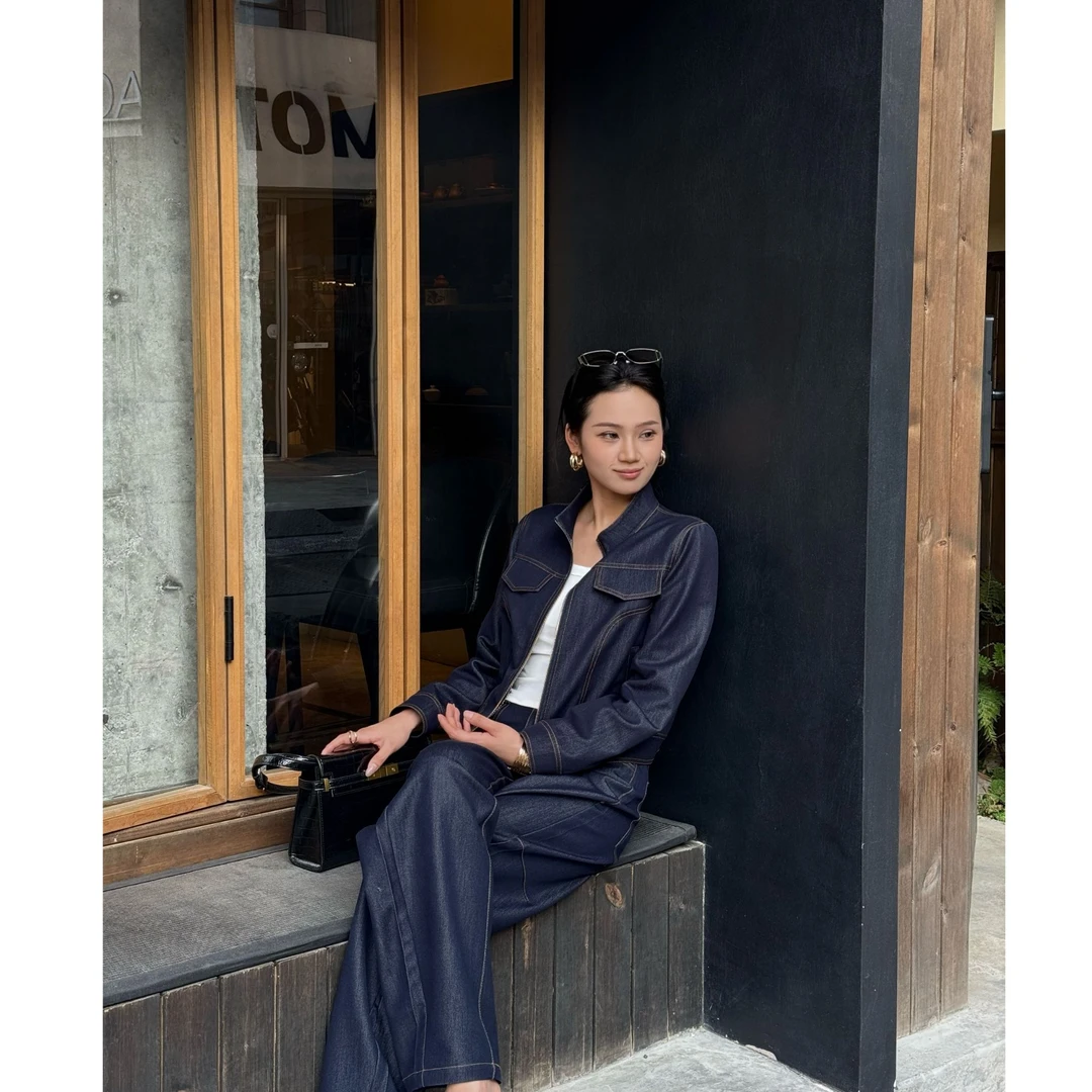 OuYing欧莹显瘦遮肉高腰牛仔套装气质复古休闲 初秋的第一身套装