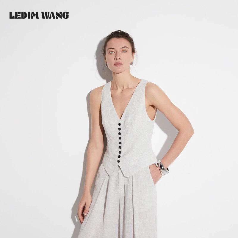 ledim wang纯色亚麻老钱风马甲背心女夏2025新款外穿V领凉感百搭