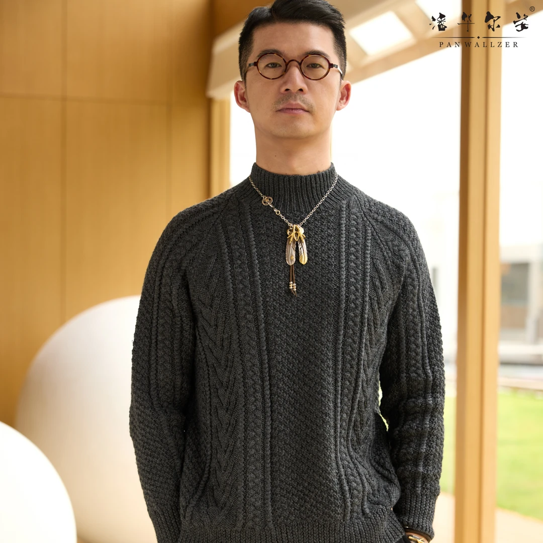 潘华尔姿新款经典手工编织毛线精致半高领插肩袖定制毛衣宽松羊毛