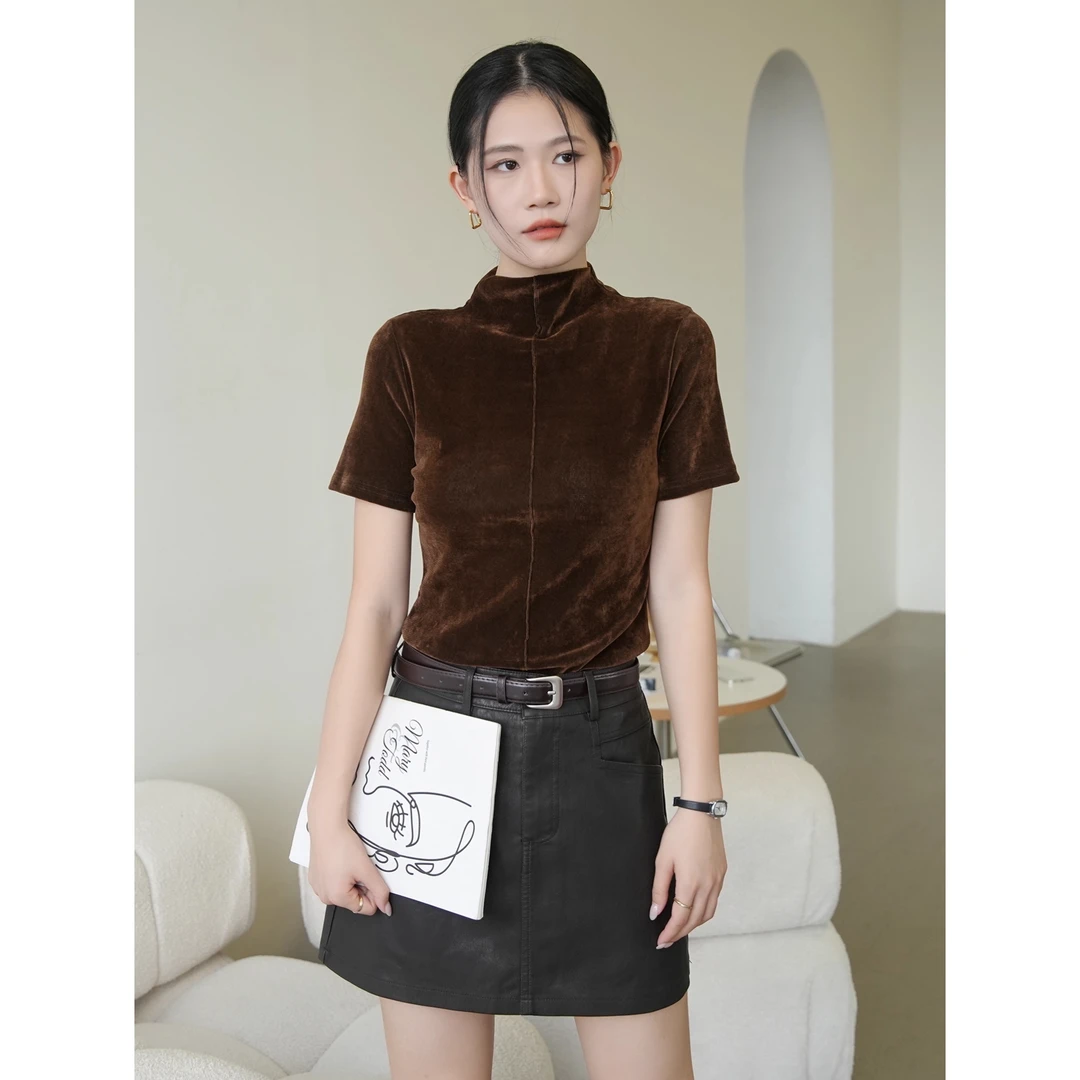 咖色丝绒半高领打底衫2025新款女春秋短袖t恤内搭上衣高级感时尚