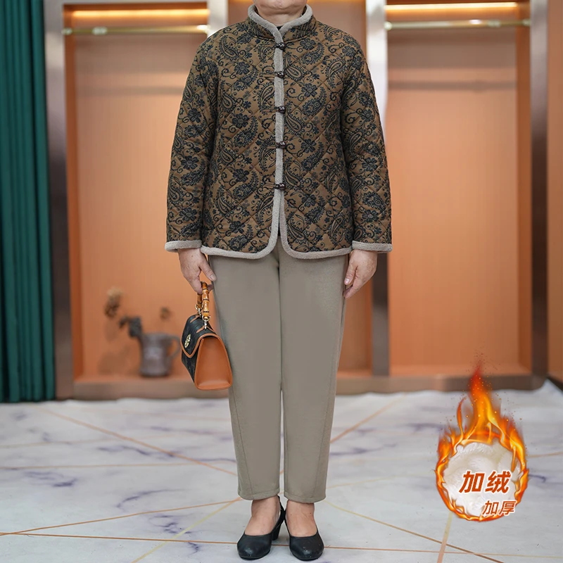 210斤大码胖妈妈装加绒加厚毛边大花外套秋冬中老年洋气休闲棉服