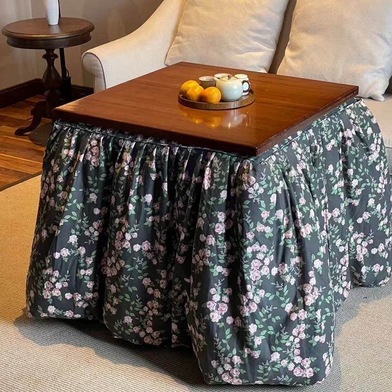 【80桌子+黑底玫瑰】烤火桌子家用楠竹折叠多功能正方形餐桌取暖桌