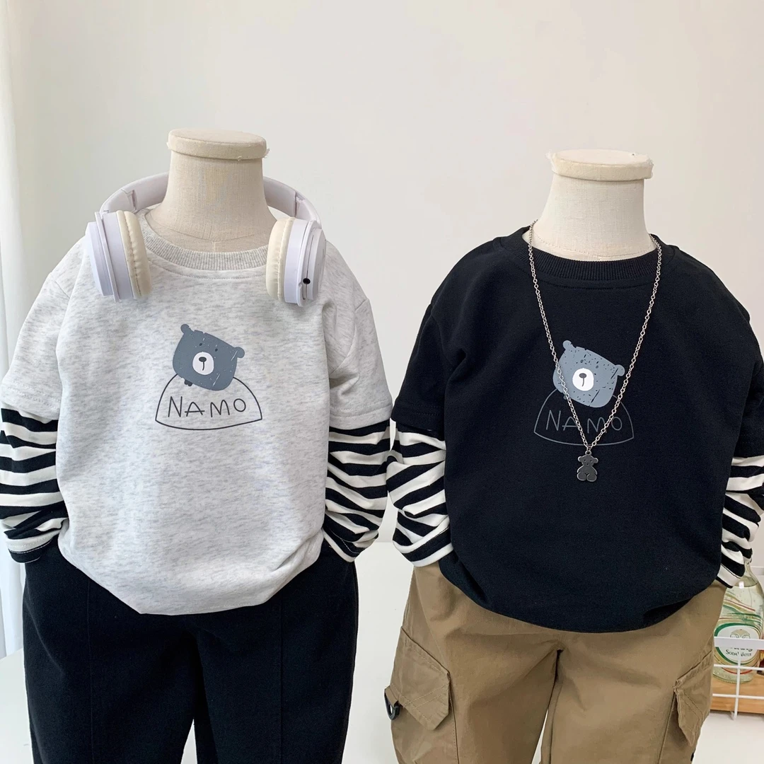 男童洋气T恤春秋装儿童柔软毛圈棉假两件上衣中小童卡通熊套头衫