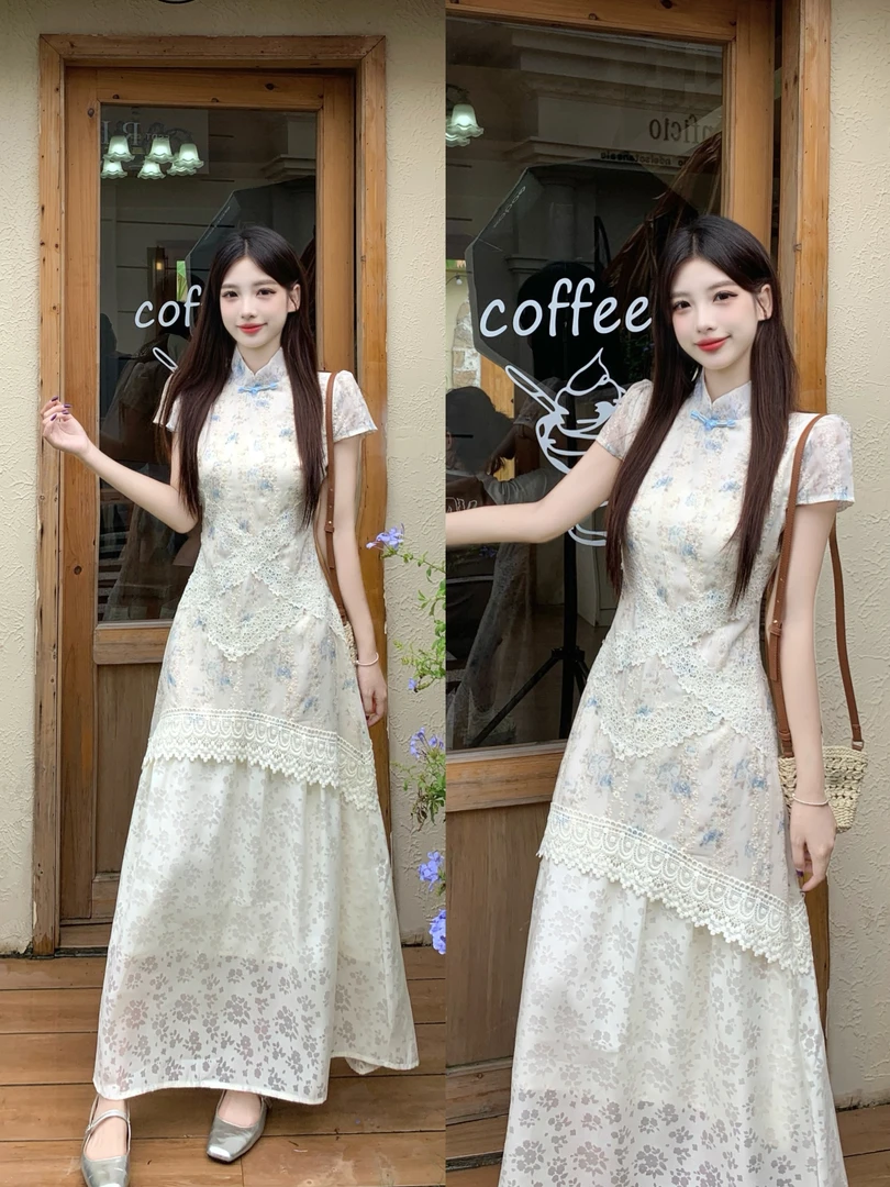 835 大码女装胖mm新中式改良蕾丝假两件碎花旗袍裙