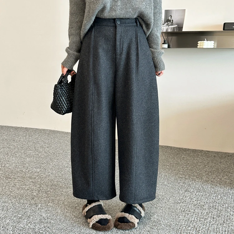 niurui纽芮25305加绒休闲裤女2025冬半松紧腰羊毛混纺九分阔腿裤
