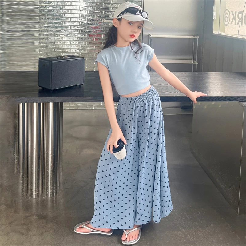 女童套装夏季时髦波点裙裤套装2025新款中大童高腰少女风两件套潮