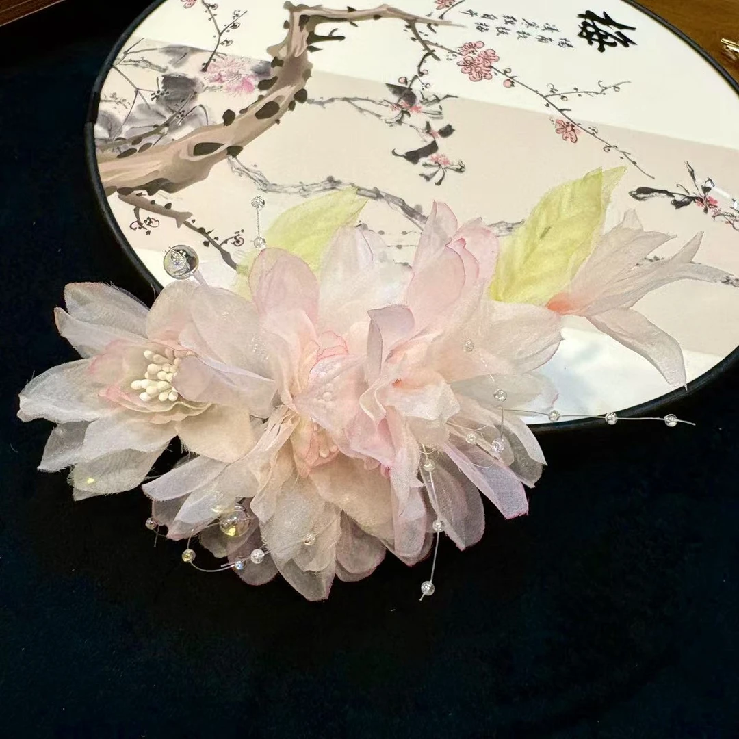 云鬓花古风饰品古装发饰仙气飘飘发夹 粉烟眠花（孤品汉服发冠B199