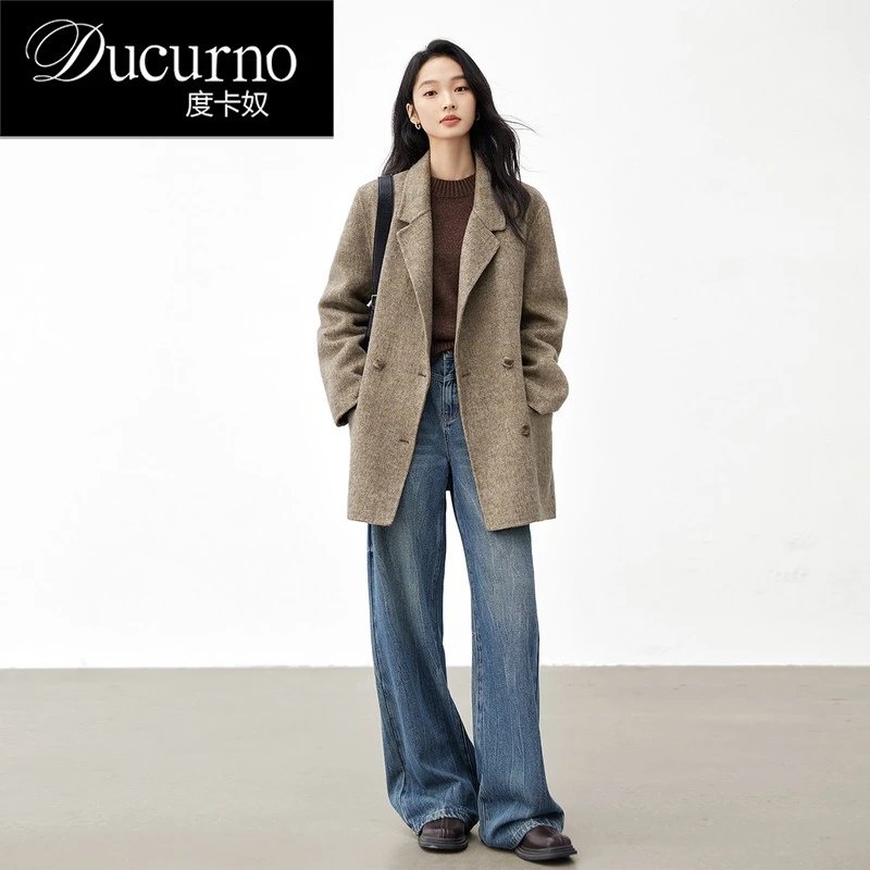 度卡奴轻奢西装式双面呢大衣女2026冬季新款复古高级感毛呢外套