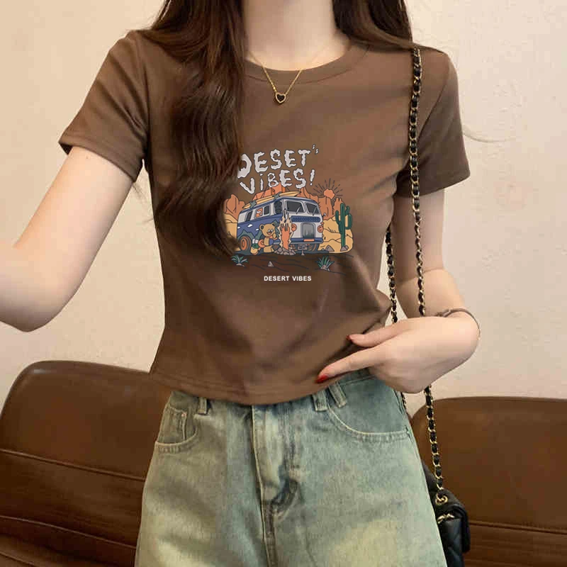 圆领正肩短袖t恤女夏季新款修身辣妹漂亮小个子短款爆款洋气上衣