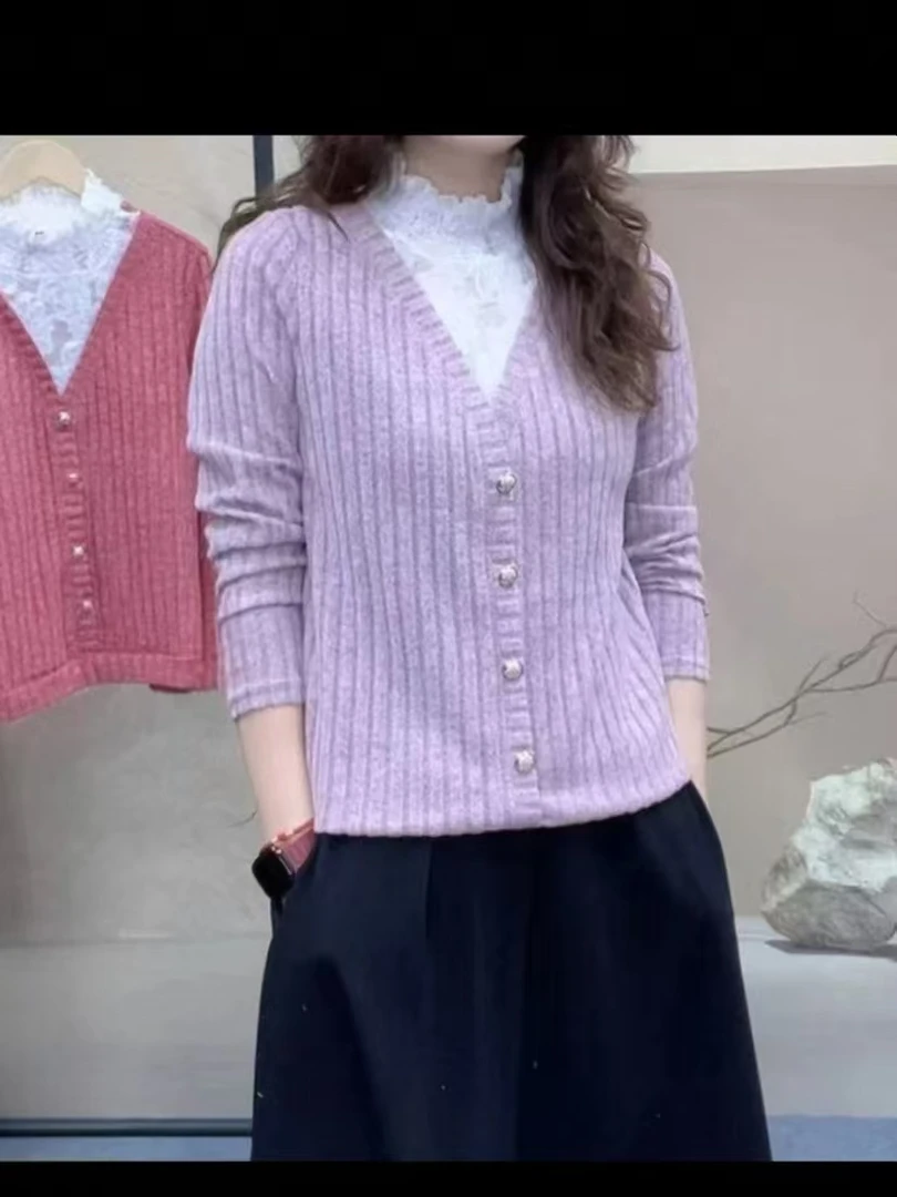 长袖蕾丝花边假两件洋气半高领上衣2025秋季新款时尚休闲打底百搭