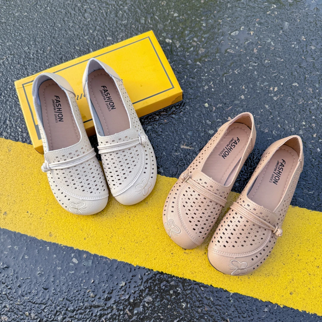 夏季平跟低帮单鞋镂空透气软底舒适中老年妈妈鞋女洞洞鞋防滑