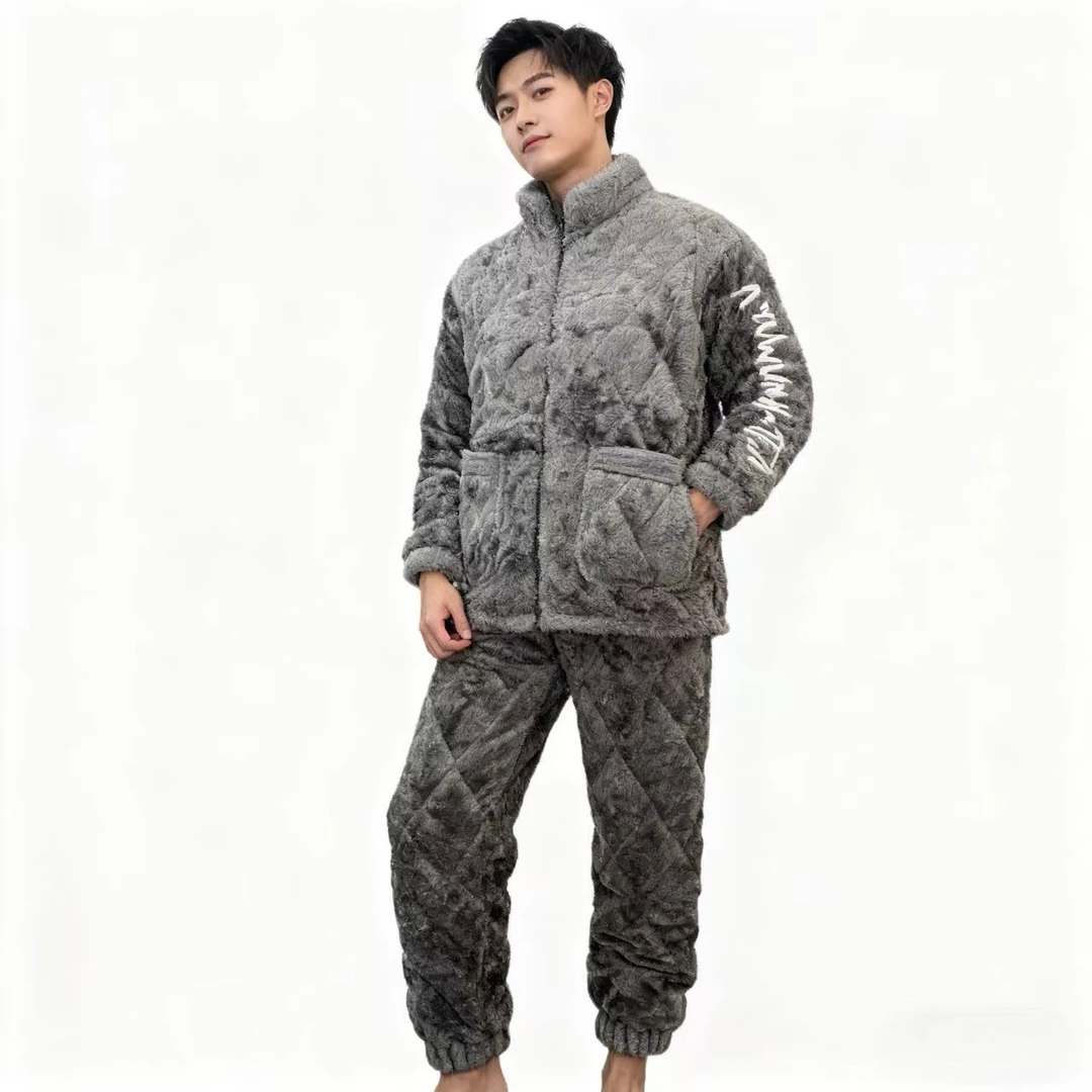 三层夹棉男士珊瑚绒睡衣冬季加厚加绒保暖法兰绒家居服套装可外穿