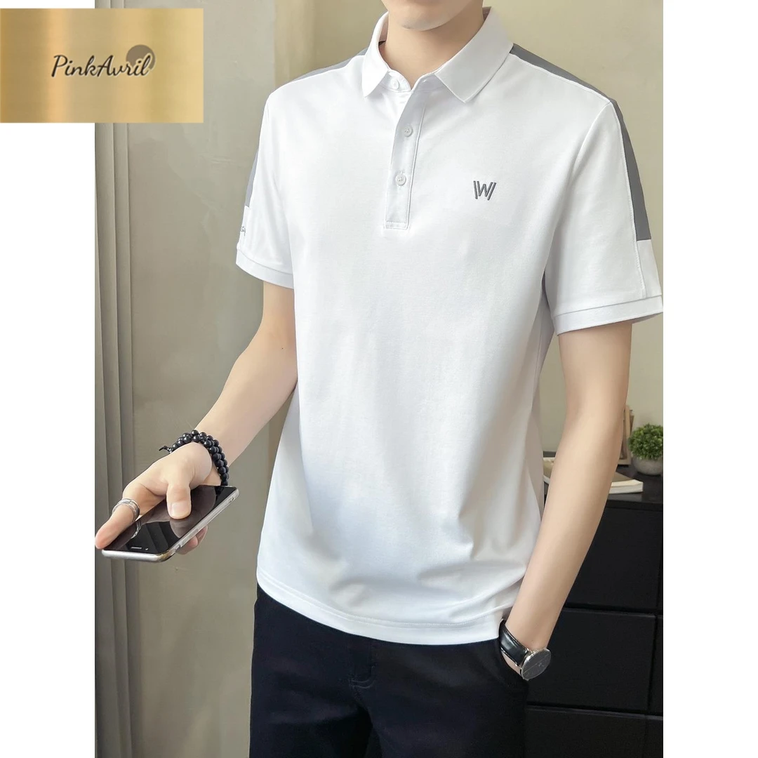 PinkAvril2025夏季新款男士POLO衫高端修身拼接冰丝短袖T恤男装