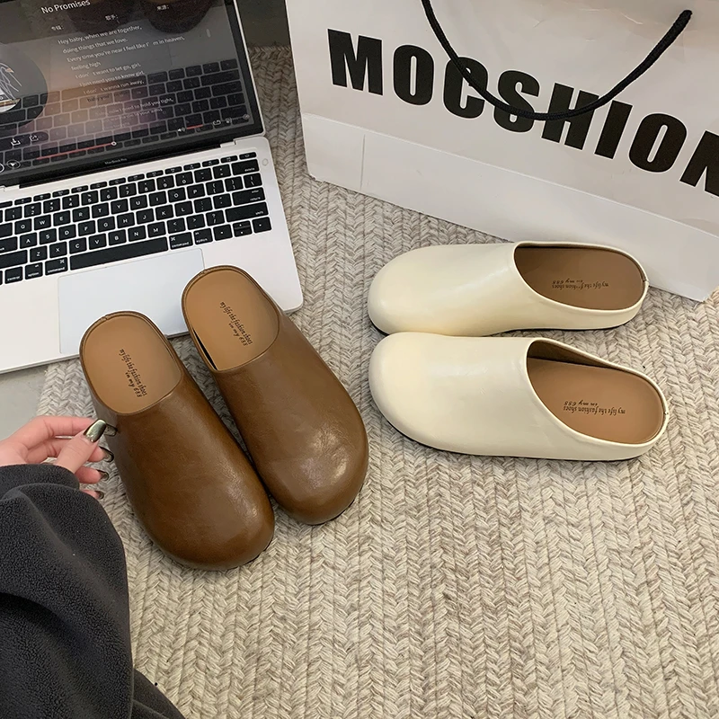 外穿一脚蹬皮面防水包头半拖鞋2025春夏季软底博肯鞋小土豆鞋子