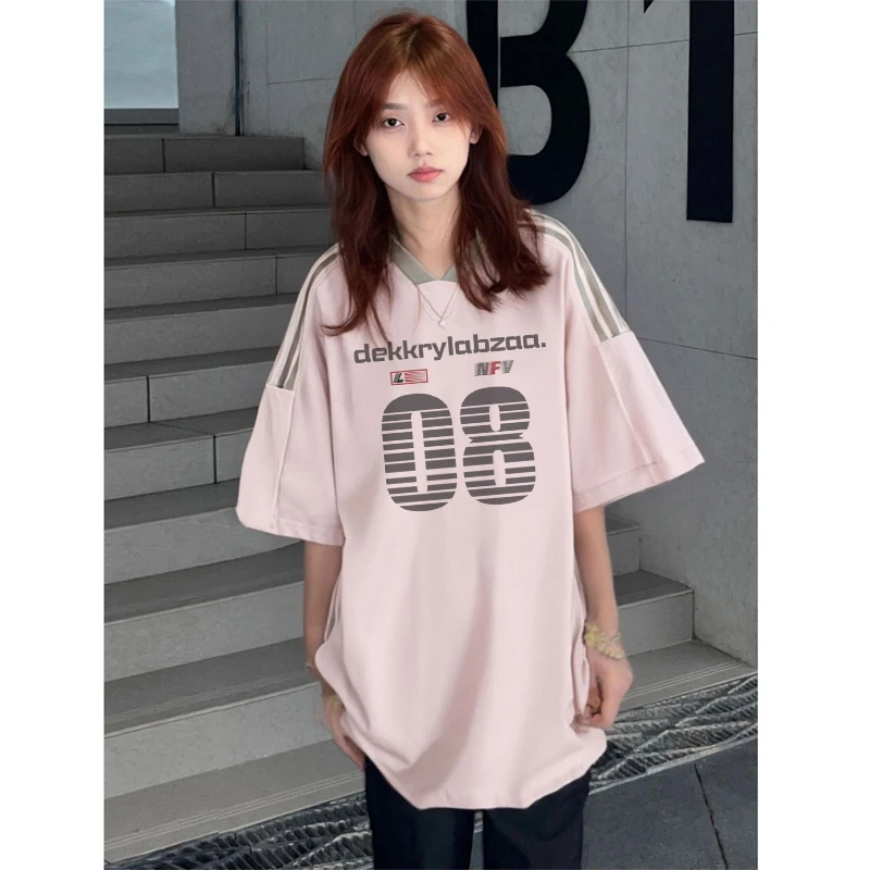 100%纯棉美式拼色条纹短袖t恤男女夏季ins字母印花休闲情侣上衣