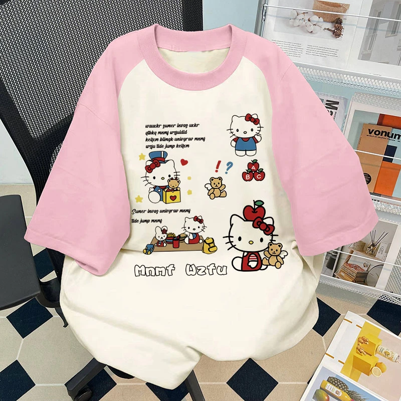 女童纯棉插肩短袖夏装2025新款凯蒂猫印花宽松学院风中大童上衣服