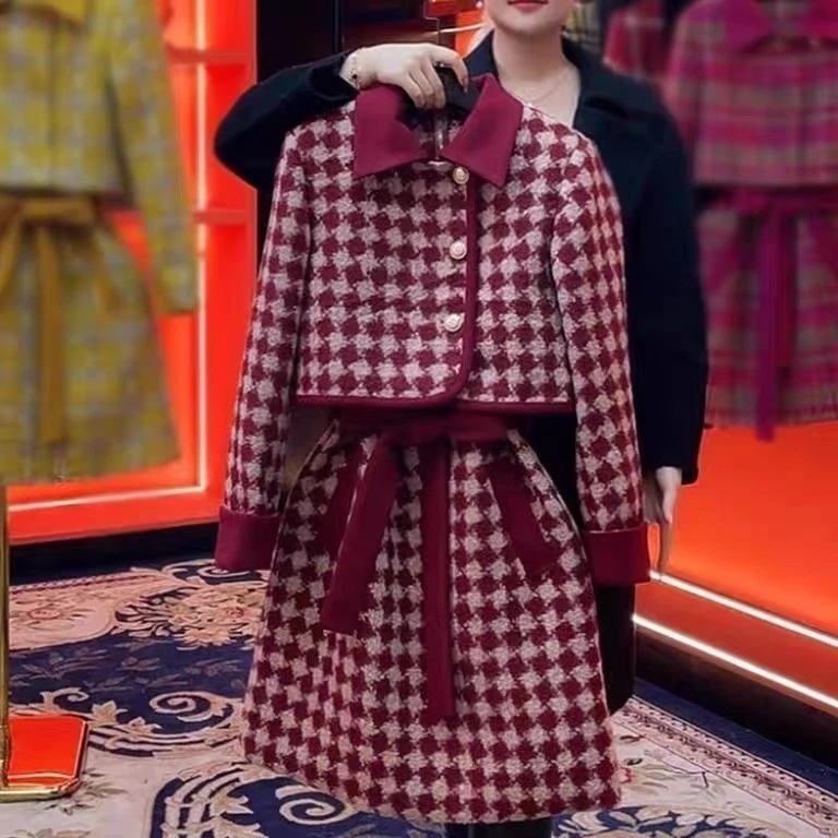 H4917时尚典雅复古棋盘格小香套装裙洋气质格子粗花呢外套女秋冬