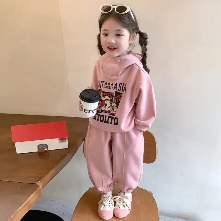 春秋新款女童中小童洋气百搭甜美印花连帽卫衣套装童装服装可爱潮