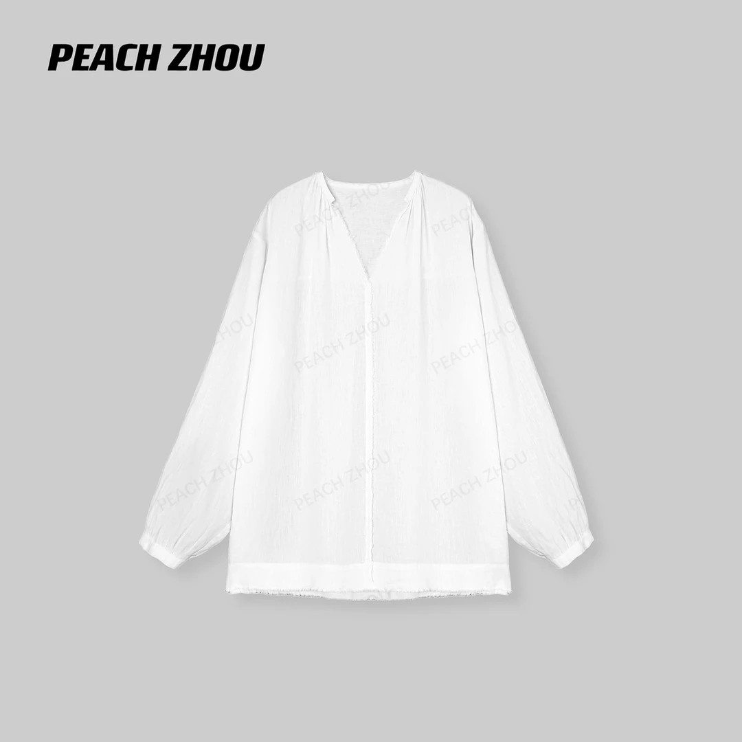 『PEACHZHOU』100亚麻毛边V领宽松廓形衬衫极简休闲纯色防晒长袖女