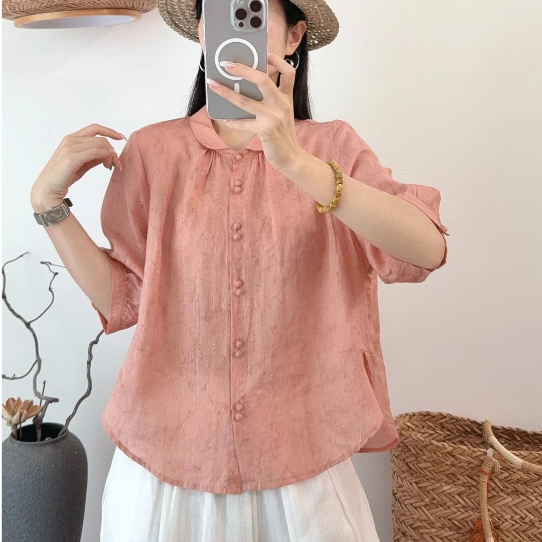 2025夏季新文艺苎麻中袖薄款衬衫女士休闲宽松娃娃领气质百搭
