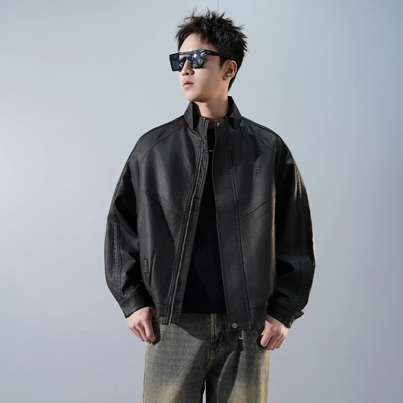 彦正美式复古男士皮夹克高街宽松休闲立领机车PU皮衣高级感外套男
